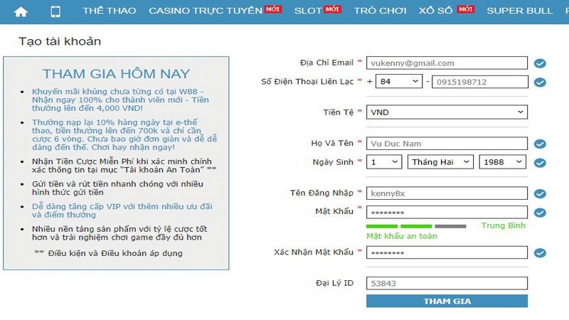 Bạn hãy hoàn thành điền thông tin đăng ký W88